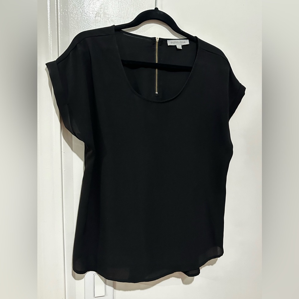 Women’s LG Black Olive & Oak Blouse/Top w/ Zipper Back, Excellent Condition